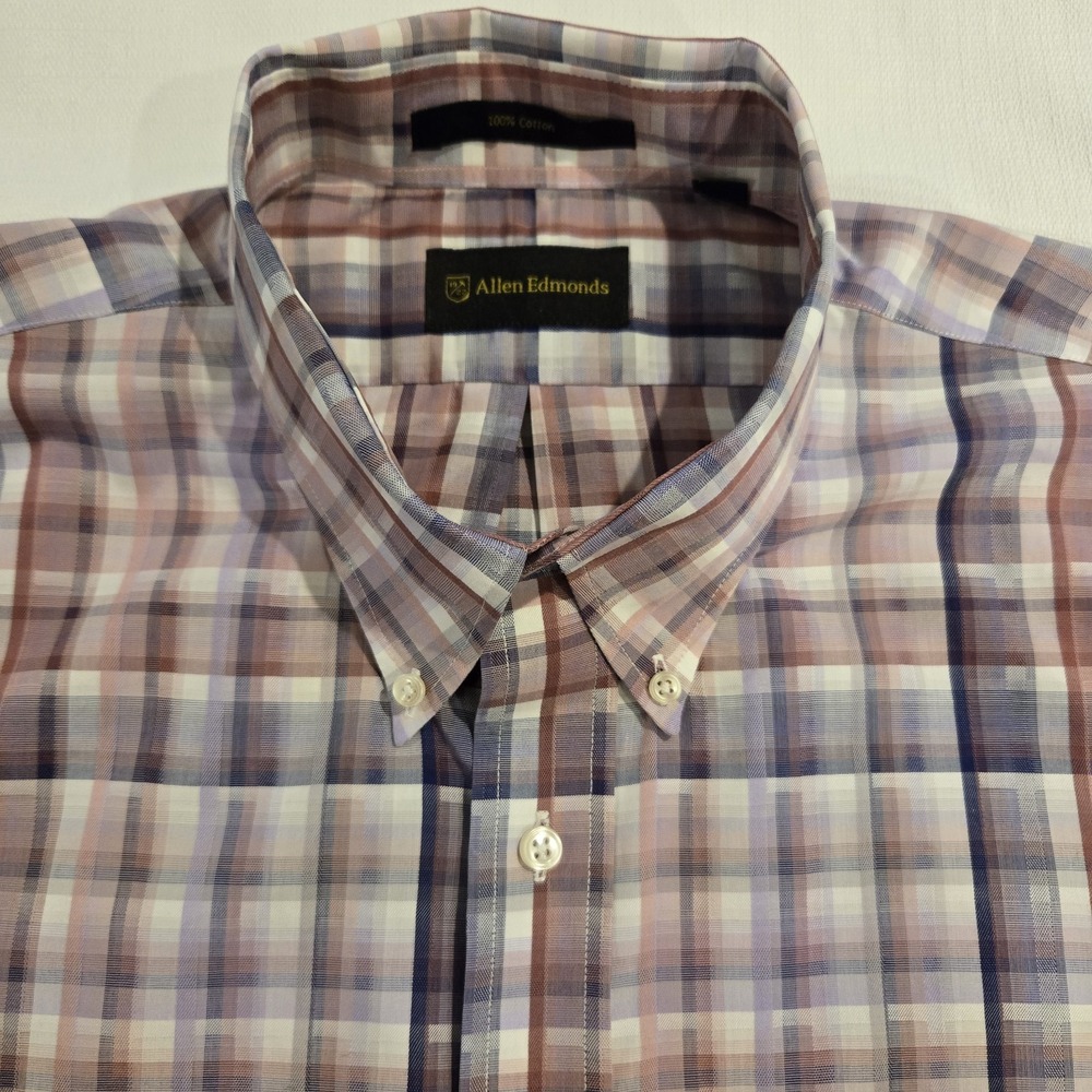 Allen Edmonds Lilac White Plaid Button Down 100% Cotton Men's Shirt Size XXL 2XL - Picture 3 of 13